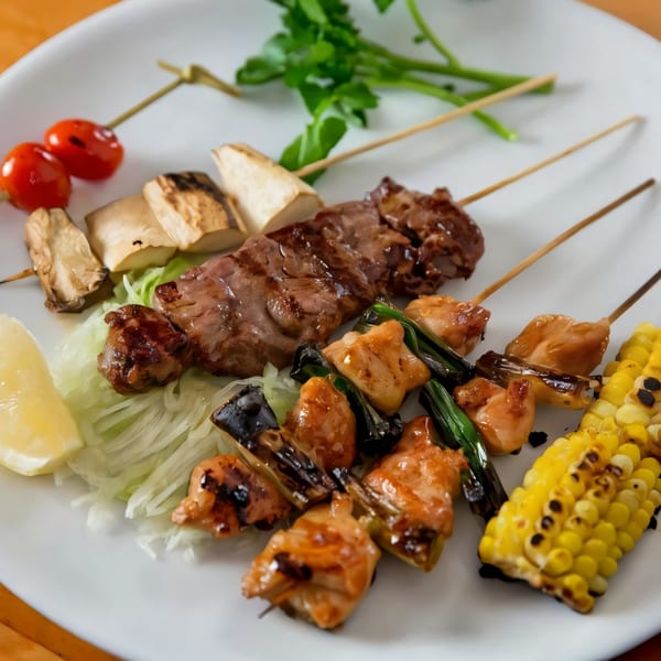Assortment of Japanese yakitori skewers with chicken, beef, mushrooms, tomatoes, and corn on a white plate.