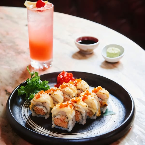 Sapps Nyc sushi rolls with creamy topping and orange roe, alongside a pink cocktail and sauces.