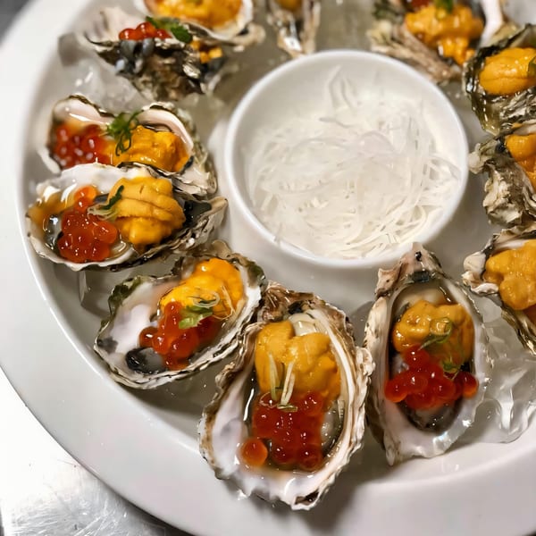 A platter of fresh oysters topped with bright orange uni and glistening red salmon roe.