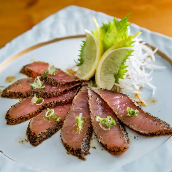 Seared tuna tataki with scallions, lime, and shredded daikon on a white plate at Sapps Nyc.