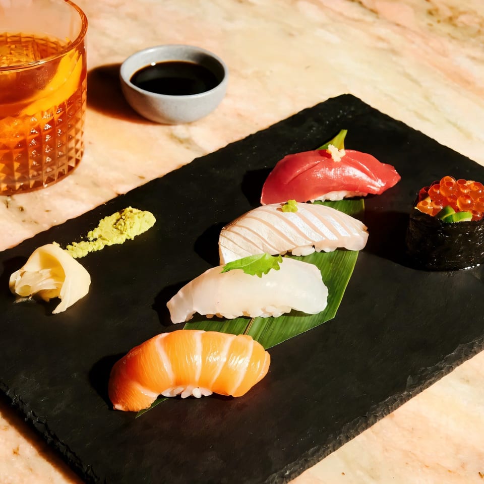Assorted Sapps NYC sushi and nigiri, with soy sauce, wasabi, ginger, and a cocktail.