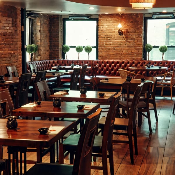 Sapps Nyc dining room with wooden tables, dark chairs, and a long tufted leather booth.