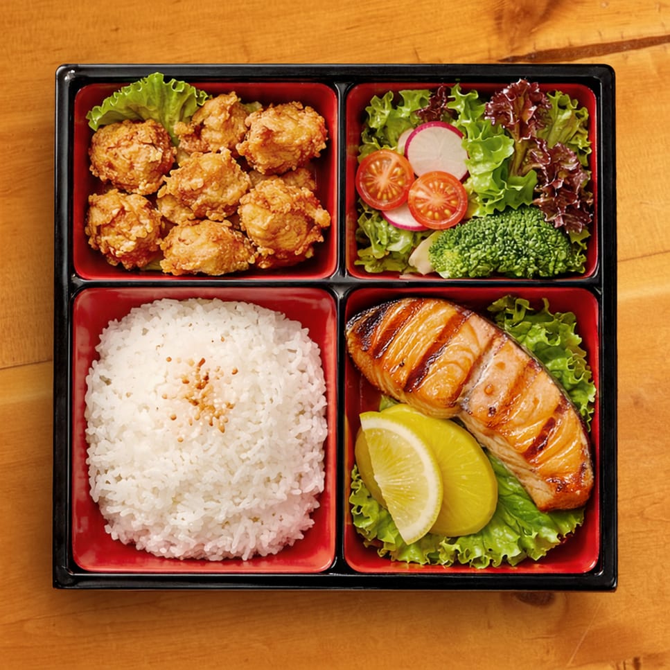 Salmon Teriyaki Bento Box Lunch Special.
